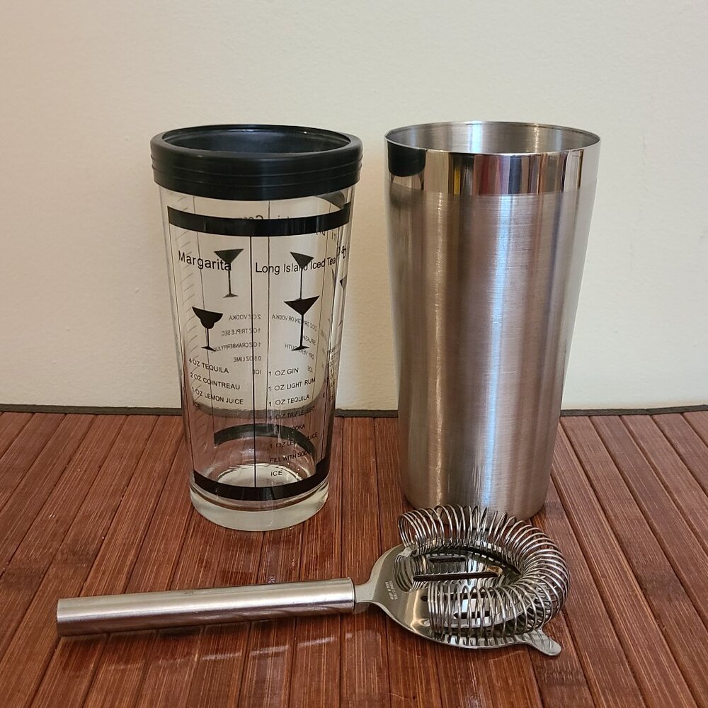 MCM Rubber Topped Measuring Glass Cocktail Shaker and Stainless Steel Strainer
